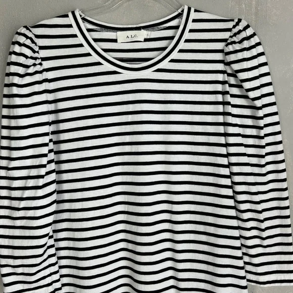 A.L.C size L Kidman mini shirt dress black white stripe 3/4 puff sleeve cotton - Picture 3 of 12